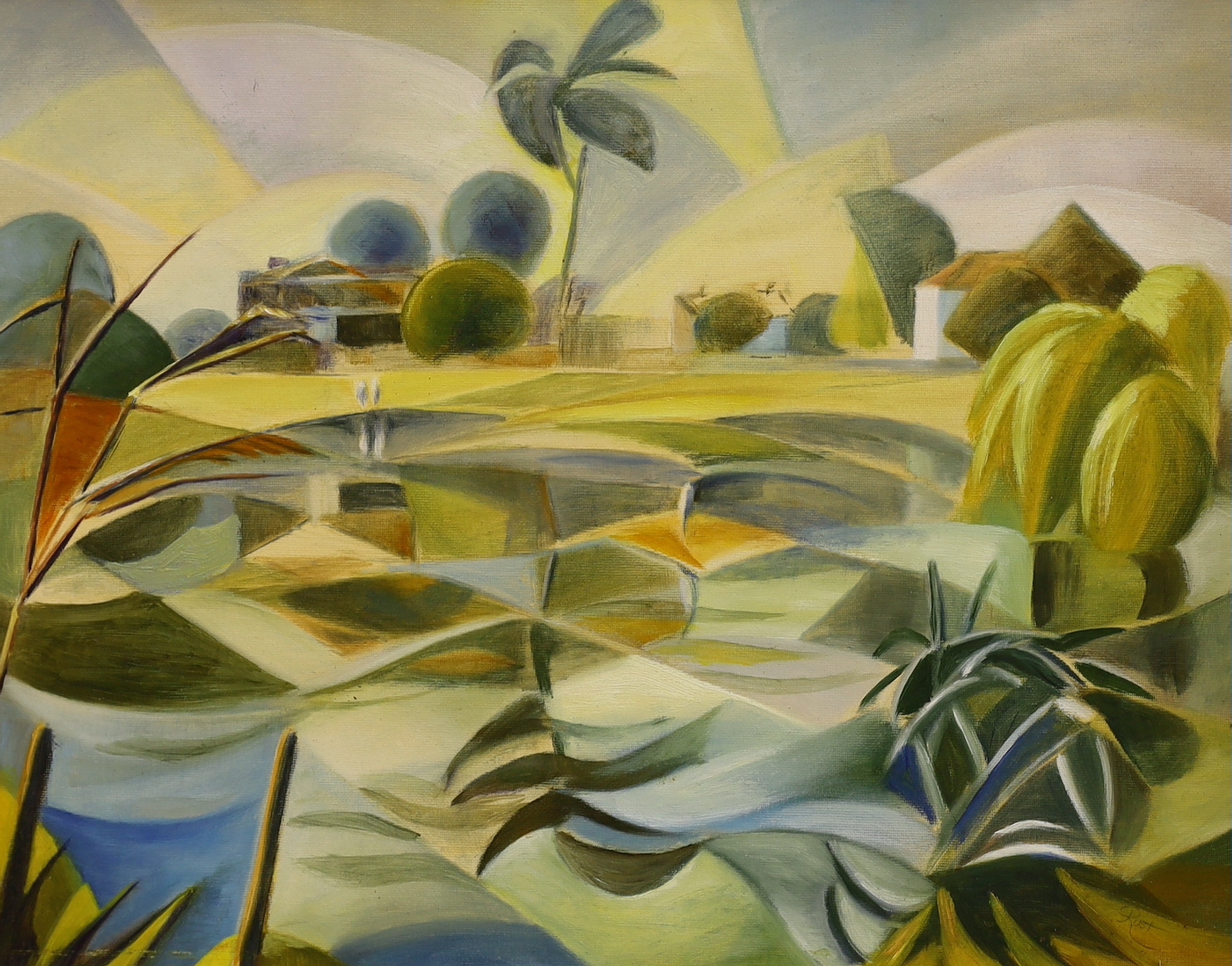 Rosy Rust (contemporary), oil on board, Surrealist landscape, signed and inscribed verso Ham Common, Pond Fantasy, 49 x 39cm